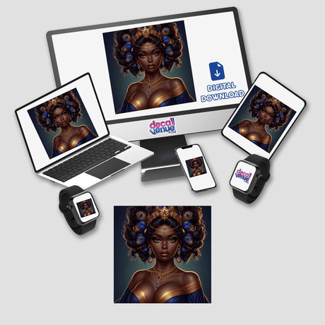 Greek mythology stickers or digital artwork featuring a woman with a gold crown and peacock feathers, visible on a computer, laptop, tablet, and smart watch screens.