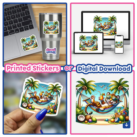 A collage featuring Tropical Tiger Lounging in Hammock stickers on a laptop, cup, and digital artwork displayed on a monitor.