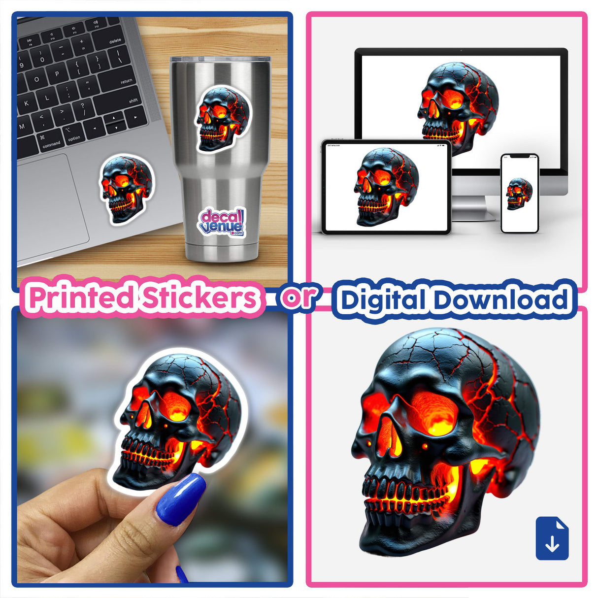 Molten Lava Skull sticker collage featuring a black skull with glowing red light, seen on various surfaces like laptops and cups, emphasizing its versatility as unique artwork from Decal Venue.