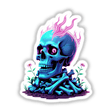 A Skull And Bones On Fire: Illustration of a blue skull with pink flames and bones, available as a unique sticker or digital artwork from Decal Venue.
