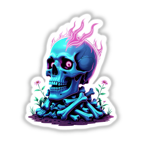 A Skull And Bones On Fire: Illustration of a blue skull with pink flames and bones, available as a unique sticker or digital artwork from Decal Venue.