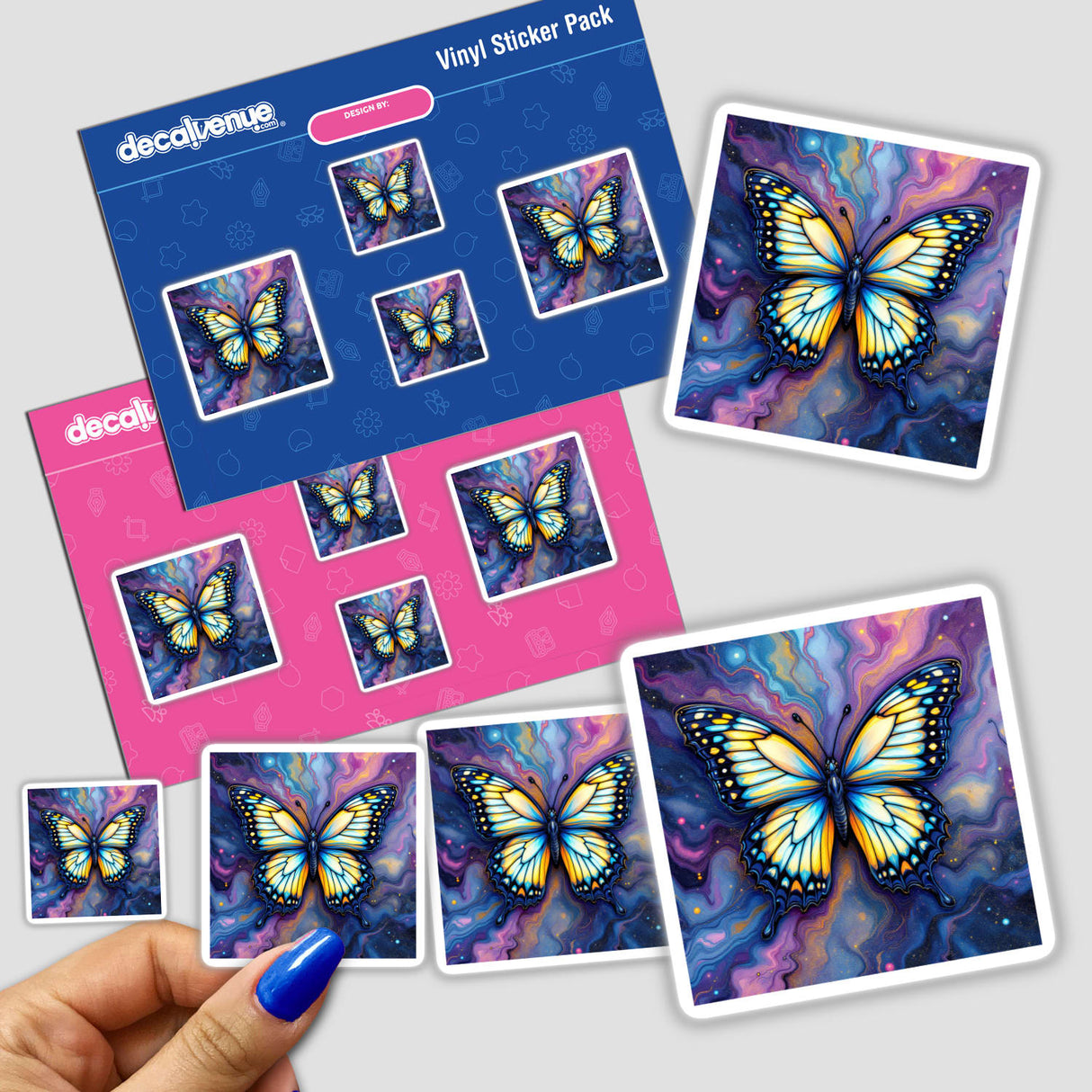 Butterfly Alcohol Ink Design stickers featuring detailed butterfly illustrations, showcasing unique graphic design elements, available as physical stickers or digital artwork.