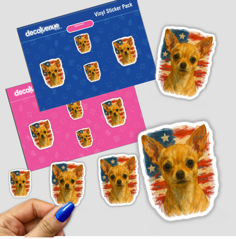 Patriotic Chihuahua Sticker – Cute Dog Clipart with American Flag: features a charming tan Chihuahua against a bold American flag backdrop, ideal for laptops, journals, crafts, and more.