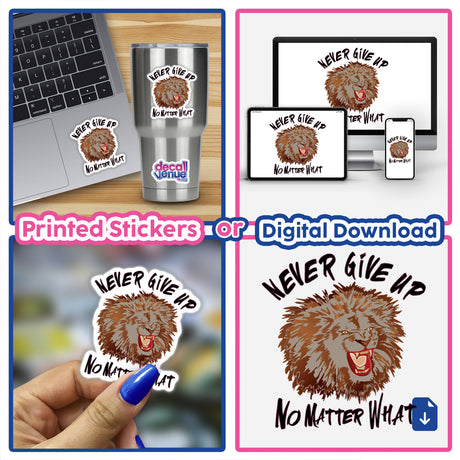Collage of a laptop adorned with lion-themed stickers. The design showcases a roaring lion, emphasizing unique vinyl decals available as stickers or digital artwork from Decal Venue.