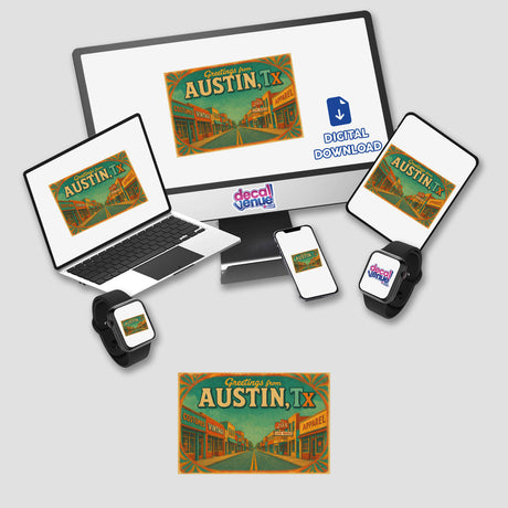 Greetings from Austin Postcard Sticker or Clipart features vintage Capitol art, showcasing iconic Austin landmarks. Available as stickers or digital artwork with commercial rights, ideal for unique creative projects.