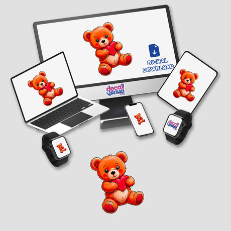 Cute Valentine's Day Teddy Bear cartoon displayed on a computer monitor and laptop, showcasing adorable bear designs available as stickers or digital artwork from Decal Venue.