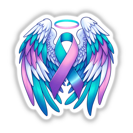 Suicide Awareness Ribbon with Wings, featuring a stylized design of a ribbon with angelic wings and halo, available as stickers or digital artwork.