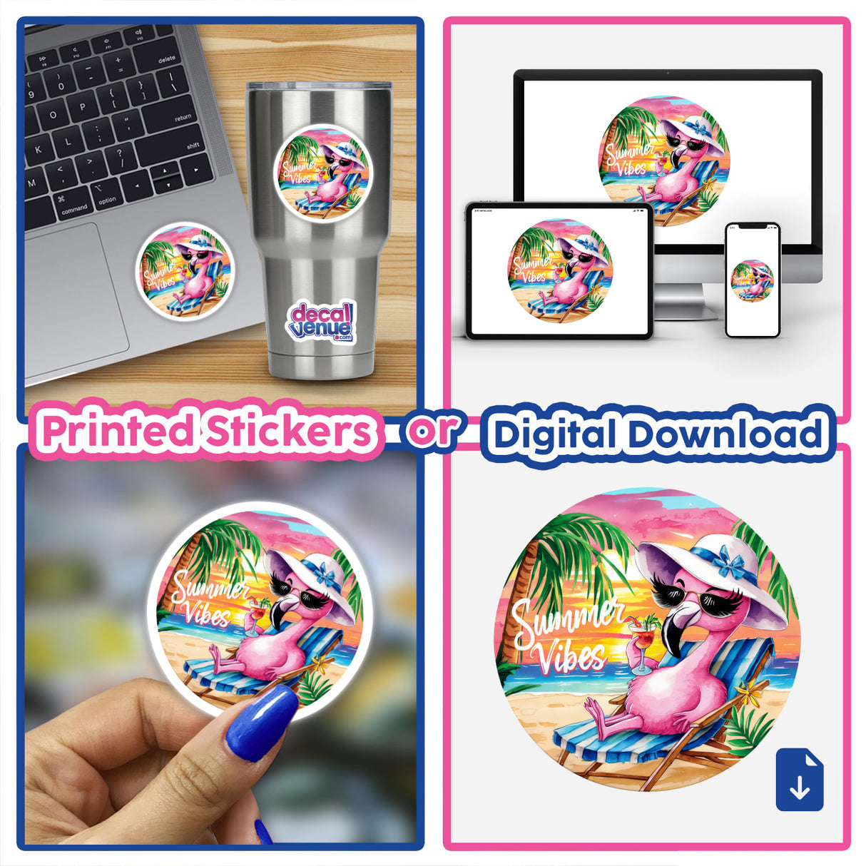 Watercolor Summer Vibes Lazy Flamingo Bird - Digitally printed artwork showcased on various products including laptop, phone, and sticker decals from Decal Venue, an online store specializing in unique stickers and digital art.