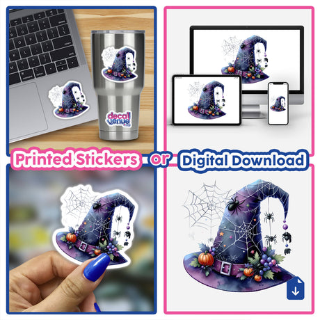 Collage featuring Halloween Hat with Spiders stickers, displaying spider webs and pumpkins, suitable for laptops or digital artwork, reflecting Decal Venue's unique sticker and art offerings.