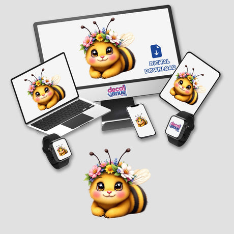 Charming Bee Wearing a Vibrant Flower Crown displayed on a computer monitor and laptop. The bee art is featured prominently, ideal as stickers or digital artwork from Decal Venue.