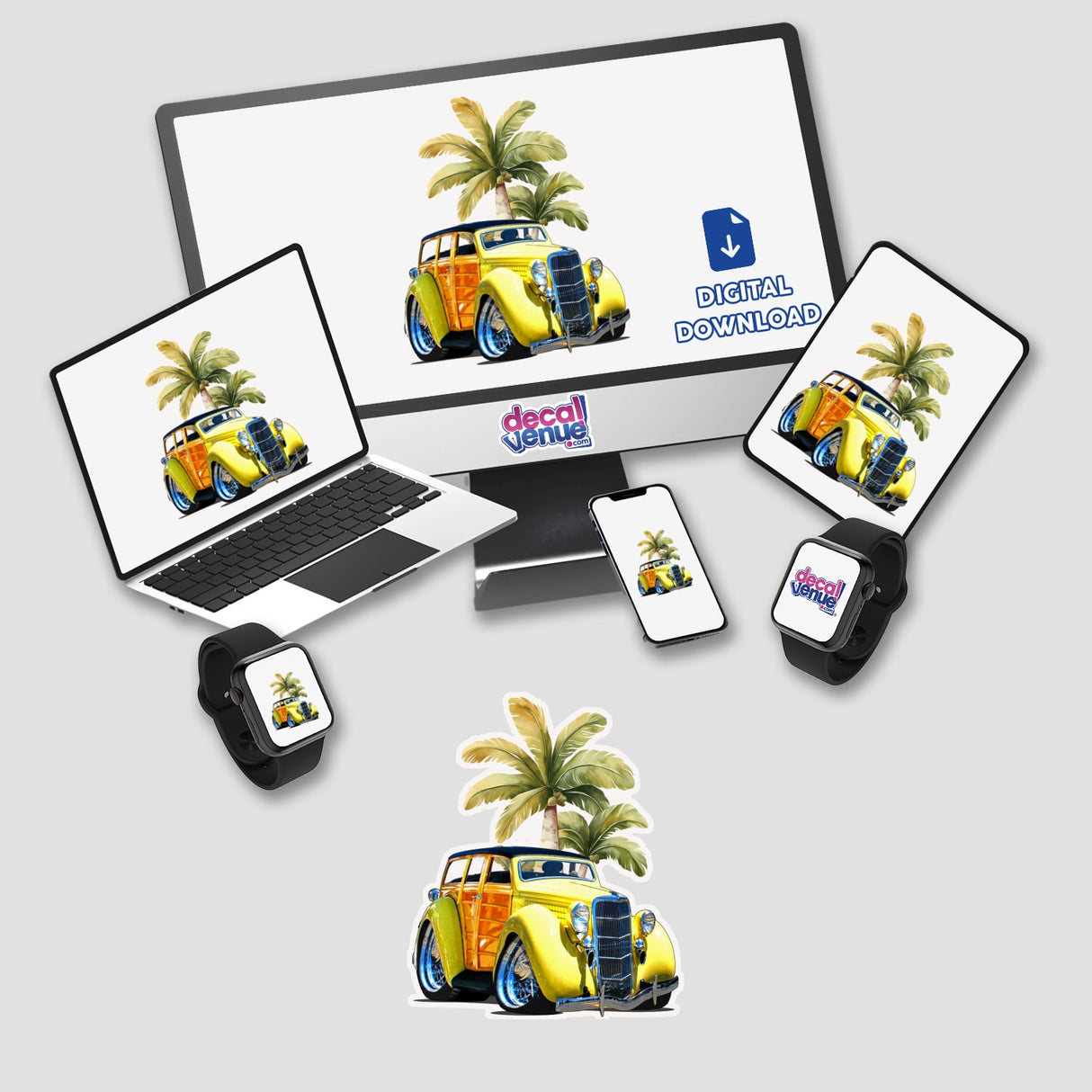 Yellow Woodie depicted as digital artwork on a monitor and laptop, featuring a yellow car with palm trees, available as unique stickers or digital art from Decal Venue.