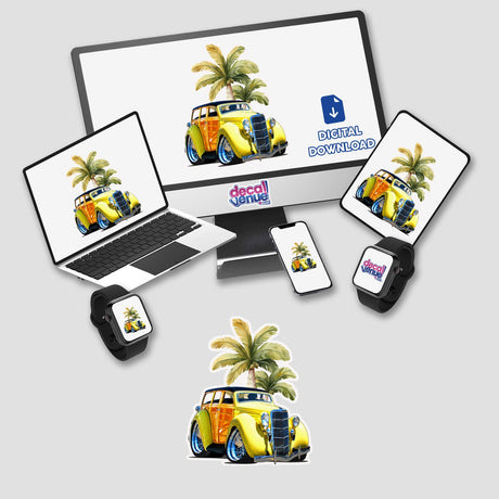 Yellow Woodie depicted as digital artwork on a monitor and laptop, featuring a yellow car with palm trees, available as unique stickers or digital art from Decal Venue.