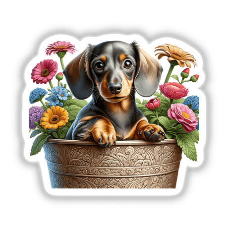 Dachshund Dog Peeking Out of Flower Pot