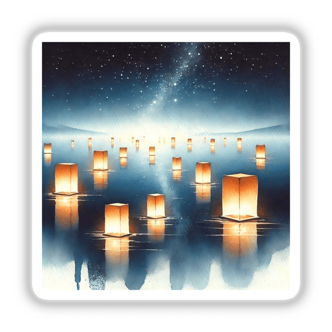 Floating Lanterns - Ethereal Boho Watercolor Nightscape: A serene scene of lanterns floating on water, available as stickers or digital artwork.