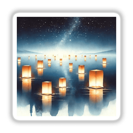 Floating Lanterns - Ethereal Boho Watercolor Nightscape: A serene scene of lanterns floating on water, available as stickers or digital artwork.