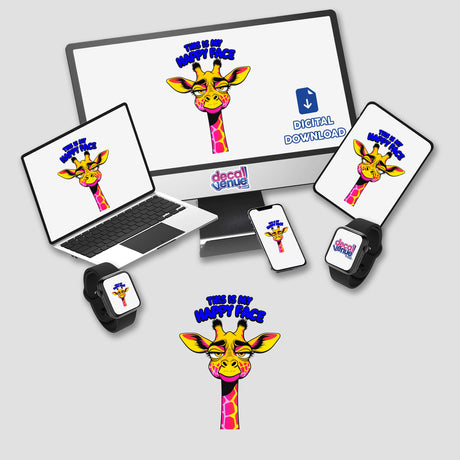 This Is My Happy Face Cute Grumpy Giraffe displayed on a computer monitor, laptop, and other digital devices, highlighting its versatility as stickers or digital artwork from Decal Venue.