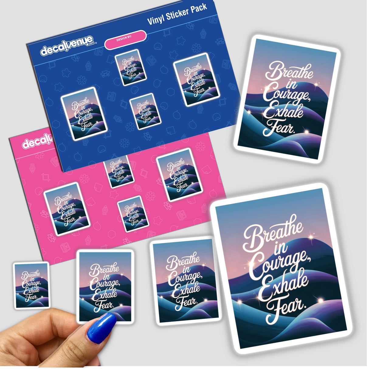 Stickers featuring the phrase Breathe in courage, exhale fear, showcasing artistic typography, available as vinyl stickers or digital artwork, reflecting Decal Venue's unique design style.