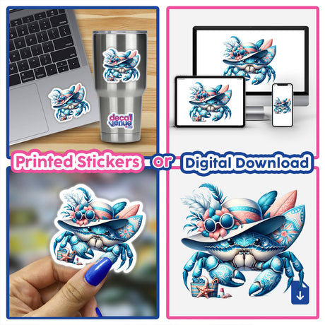 Blue Crab in Summer Beach Hat with Surfboard