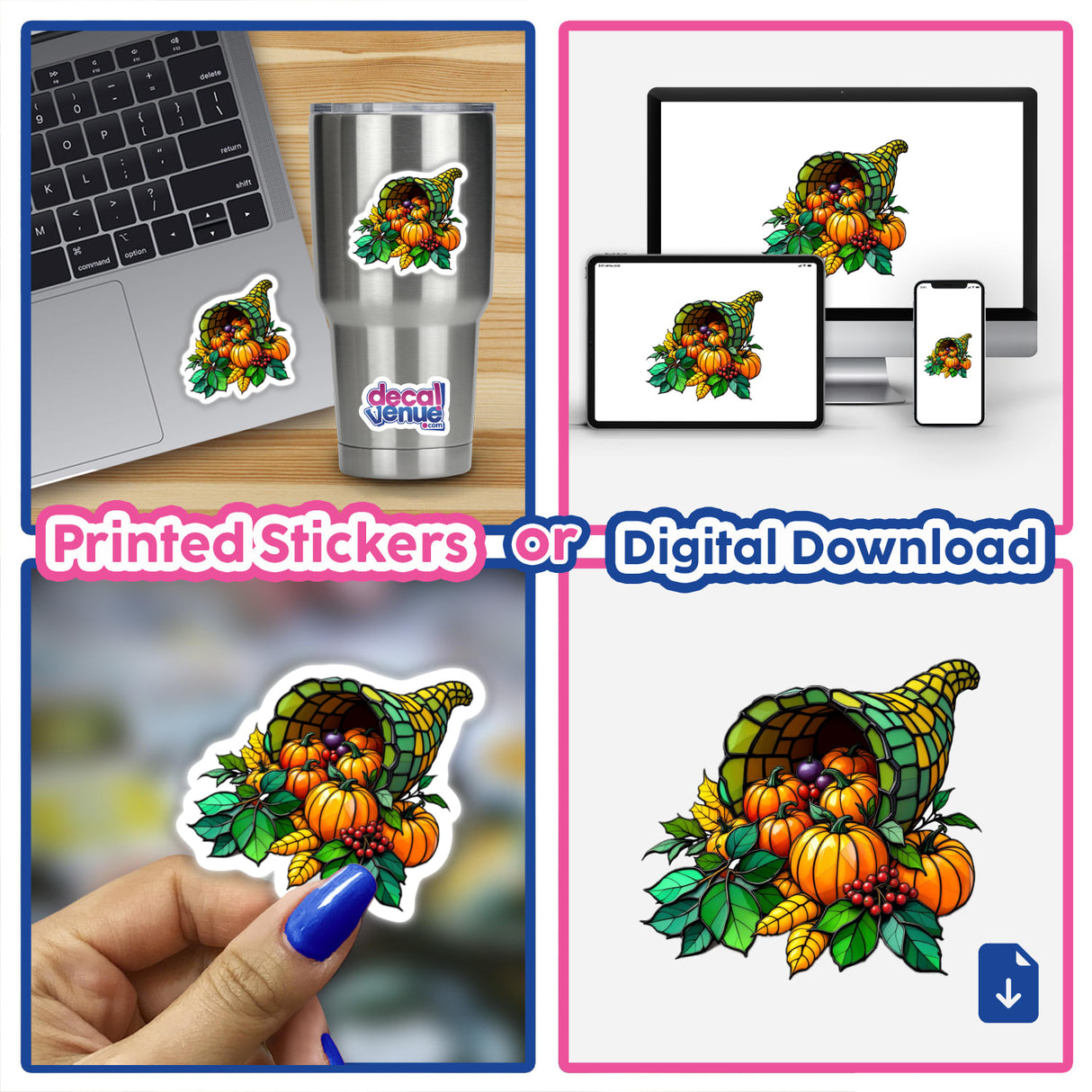 Cornucopia Stained Glass Style sticker featuring a detailed cornucopia with fruits and vegetables, available as a sticker or digital artwork. Perfect for enhancing your laptop or cup.