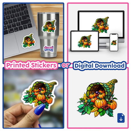 Cornucopia Stained Glass Style sticker featuring a detailed cornucopia with fruits and vegetables, available as a sticker or digital artwork. Perfect for enhancing your laptop or cup.