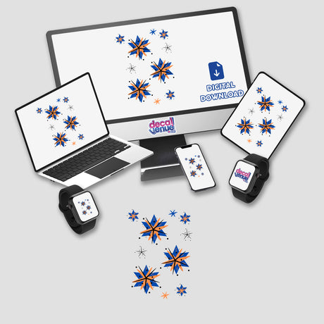 Stars, orange, blue, black design featured on a computer screen and tablet, available as stickers or digital artwork, embodying Decal Venue's unique aesthetic.