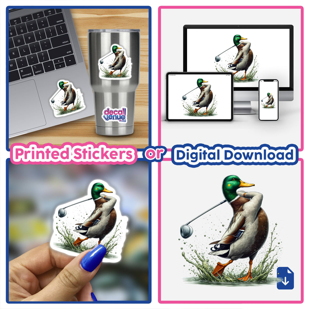 Mallard Duck Golfer Splash collage featuring a duck holding a golf club and various stickers, including a close-up of a hand holding a sticker, displayed on laptops and cups.