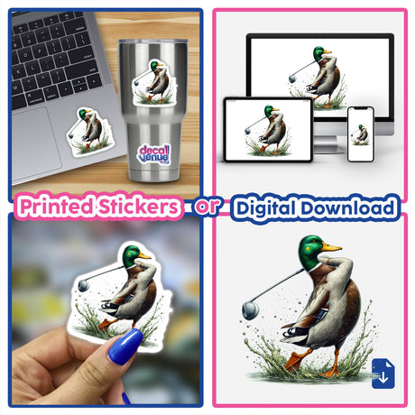 Mallard Duck Golfer Splash collage featuring a duck holding a golf club and various stickers, including a close-up of a hand holding a sticker, displayed on laptops and cups.