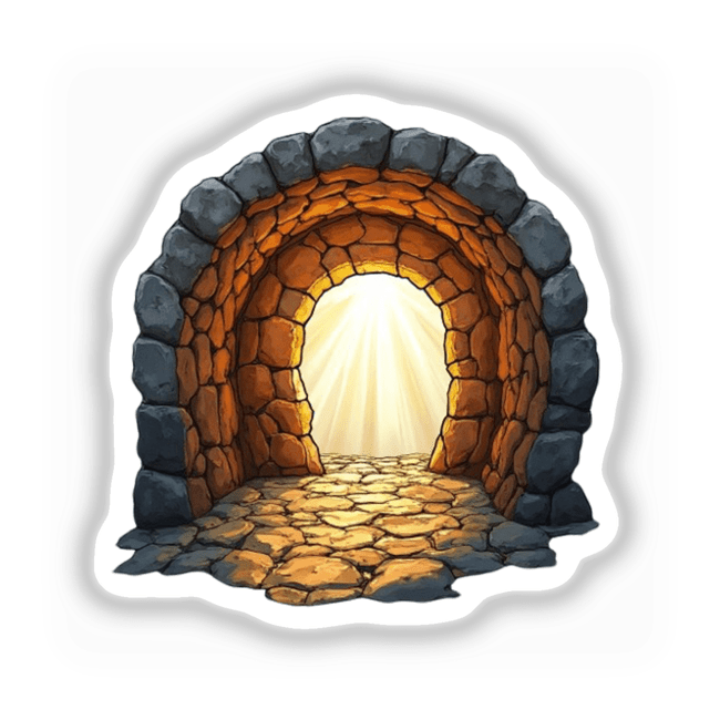 Stained Glass Empty Tomb Clipart featuring a stone tunnel with light, available as Christian Stickers or Digital Artwork, embodying Decal Venue's unique vinyl and digital art offerings.