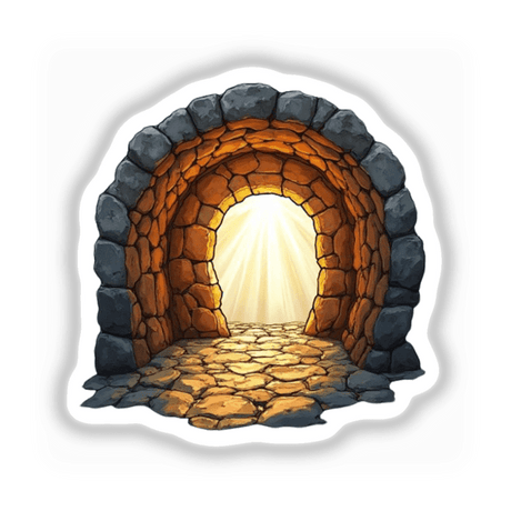 Stained Glass Empty Tomb Clipart featuring a stone tunnel with light, available as Christian Stickers or Digital Artwork, embodying Decal Venue's unique vinyl and digital art offerings.