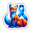 Fox Blue Ribbon Colon Cancer Awareness sticker featuring a colorful fox with blue eyes, embodying a creative cartoon style. Available as unique vinyl sticker or digital artwork from Decal Venue.
