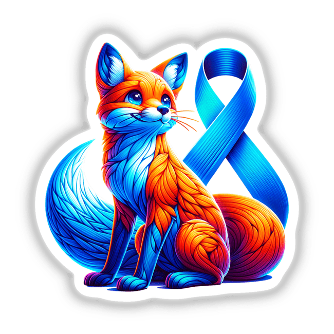 Fox Blue Ribbon Colon Cancer Awareness sticker featuring a colorful fox with blue eyes, embodying a creative cartoon style. Available as unique vinyl sticker or digital artwork from Decal Venue.