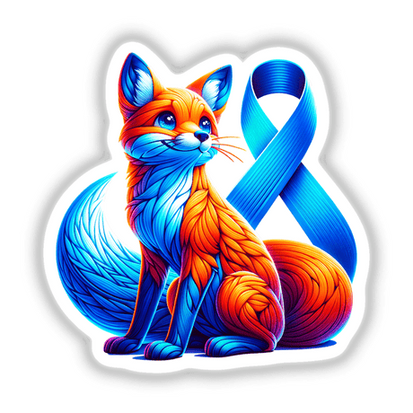Fox Blue Ribbon Colon Cancer Awareness sticker featuring a colorful fox with blue eyes, embodying a creative cartoon style. Available as unique vinyl sticker or digital artwork from Decal Venue.
