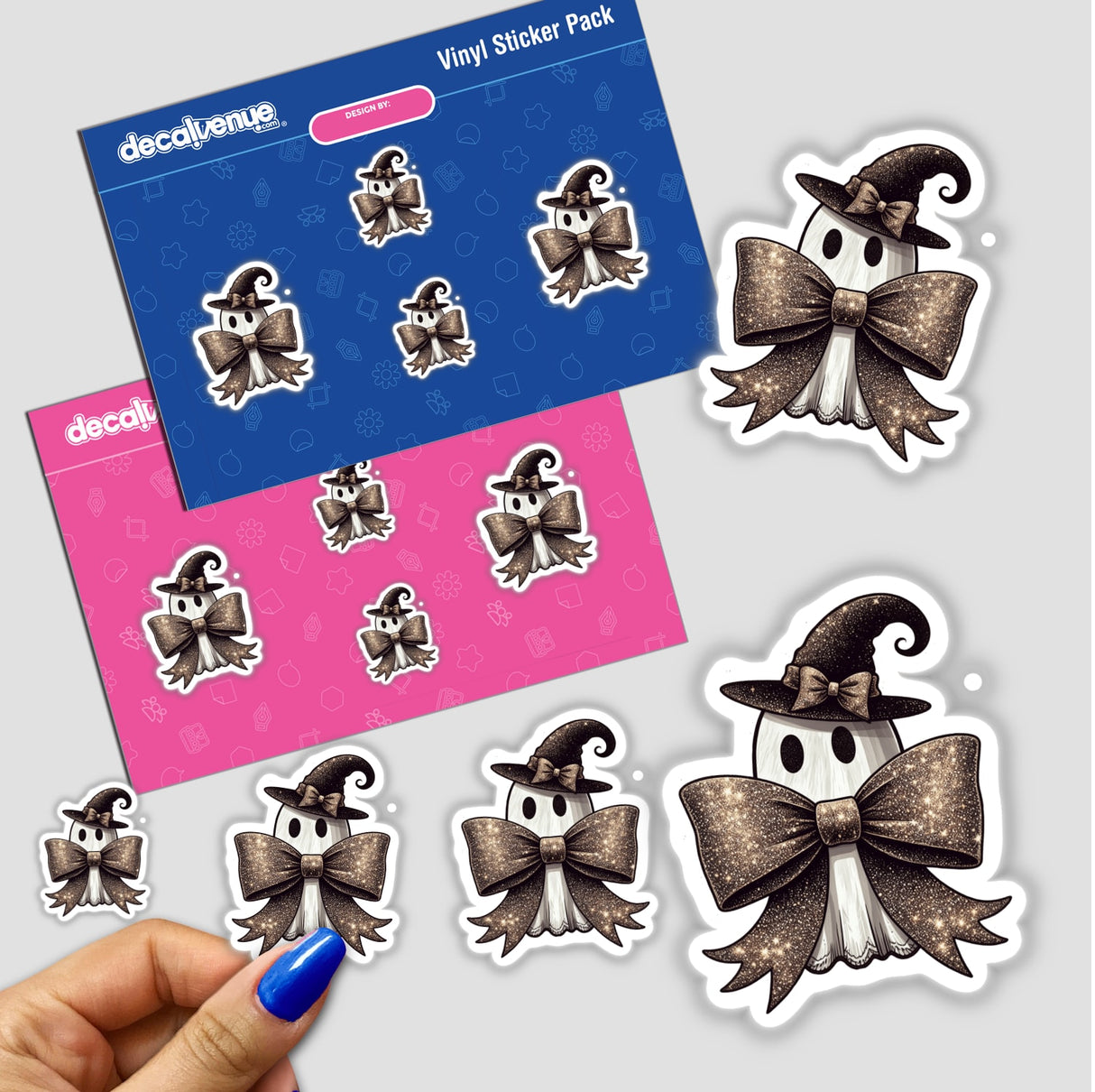 Cute Ghost w/ Glitter Coquette Bow II stickers featuring adorable cartoon ghosts with bows and hats, perfect for adding charm to any surface or as digital artwork.