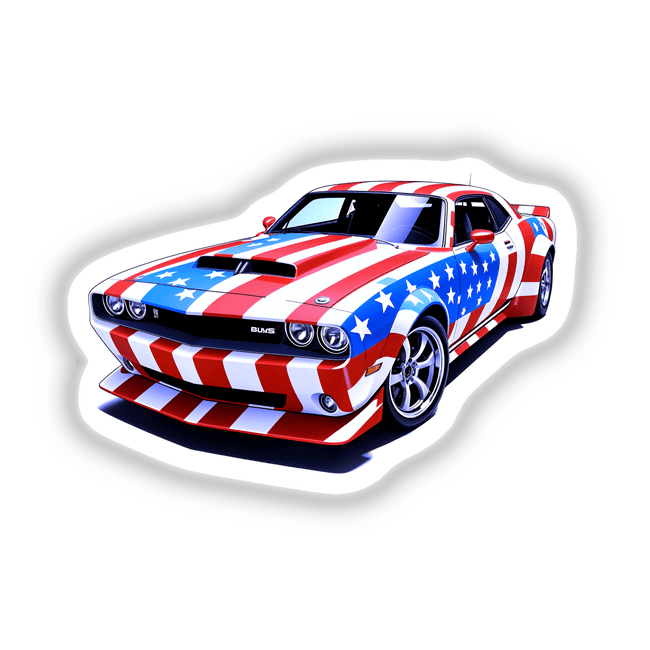 A Cool American Flag Muscle Car sticker features a detailed image of a sports car with a flag design, highlighting a white star on blue, ideal for auto enthusiasts.