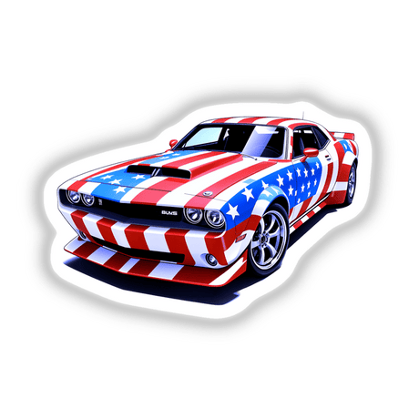 A Cool American Flag Muscle Car sticker features a detailed image of a sports car with a flag design, highlighting a white star on blue, ideal for auto enthusiasts.