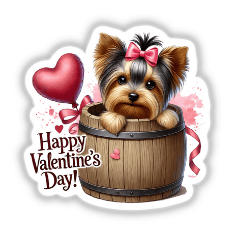 Valentines Yorkie Dog in Barrel, a cartoon-style illustration of a dog with a bow peeking from a barrel, available as stickers or digital artwork from Decal Venue.