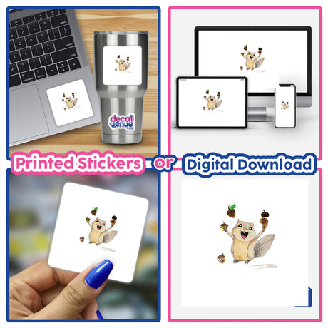 Squirrel Squeezing Nuts: A whimsical sticker or digital artwork depicting a playful squirrel tightly holding a nut, reflecting quirky charm from Decal Venue's unique collection. Ideal for squirrel enthusiasts.