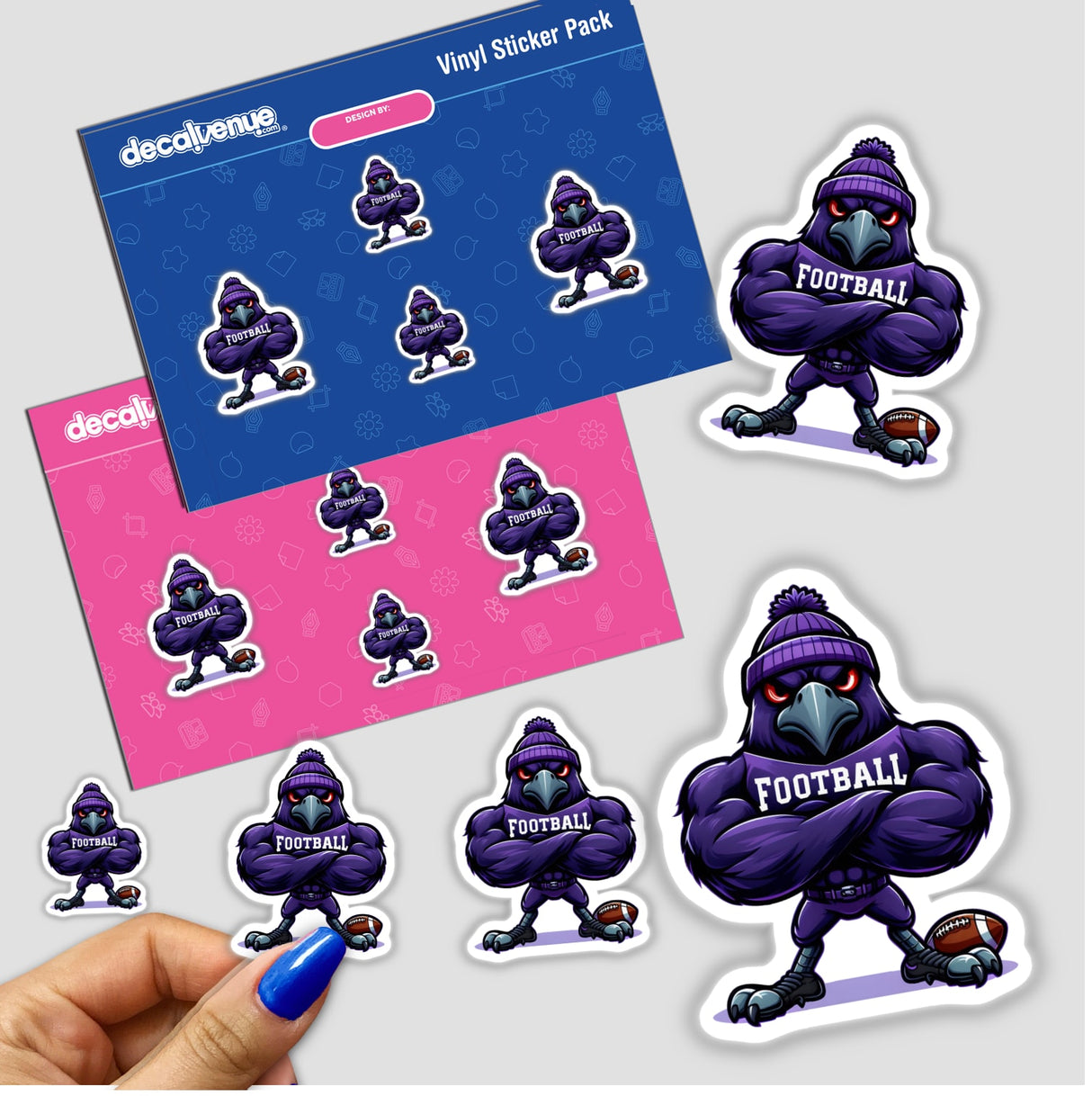 Purple Raven Bird with Football stickers, featuring a muscular cartoon bird in a beanie and jersey, showcased on backing cards and held in hand. Available as stickers or digital artwork.