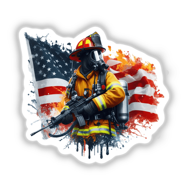 Firefighter American Flag: Illustration of a fictional firefighter holding a gun and an American flag, available as stickers or digital artwork from Decal Venue.