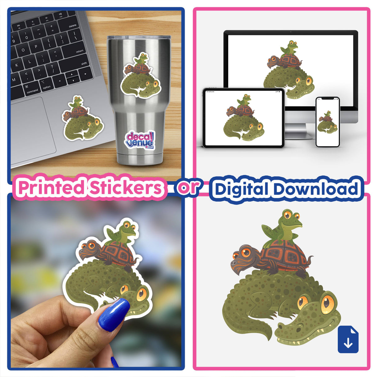 Swamp Squad sticker featuring cartoon animals like turtles and frogs riding alligators, available at Decal Venue in packs or singles. Perfect for laptops or other surfaces.