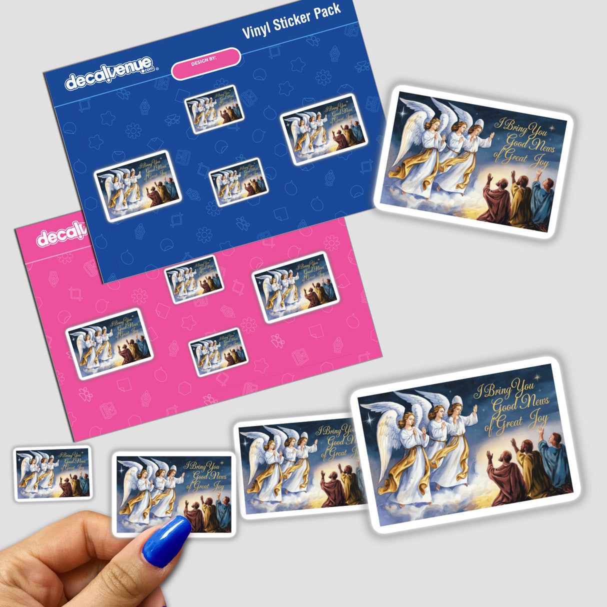 Good News of Great Joy with Luke 2:10 Stickers & Clipart featuring angels and people, showcasing intricate designs and gold text elements. Perfect for digital art and stickers enthusiasts.