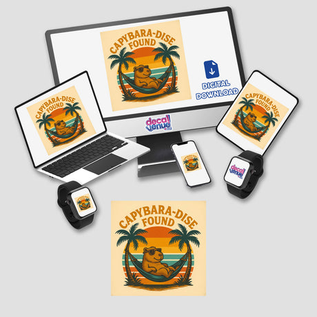 Capybara-dise Found Sticker or Clipart features a playful capybara in a tropical setting, capturing a whimsical animal art theme. Available as stickers or digital artwork with commercial rights.