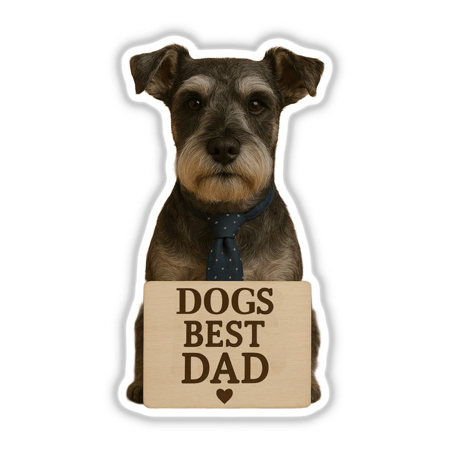 Dog’s Best Dad Schnauzer – Minimalist Father's Day Dog with Sign features a schnauzer wearing a tie, holding a sign, ideal as a sticker or digital artwork from Decal Venue.