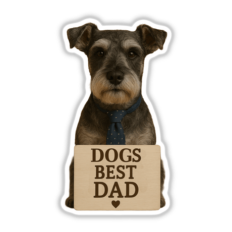 Dog’s Best Dad Schnauzer – Minimalist Father's Day Dog with Sign features a schnauzer wearing a tie, holding a sign, ideal as a sticker or digital artwork from Decal Venue.