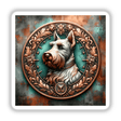 Detailed Scottish Terrier portrait within an ornate copper-toned medallion frame, featuring the dog's expressive face and flowing fur against a moody, textured background.