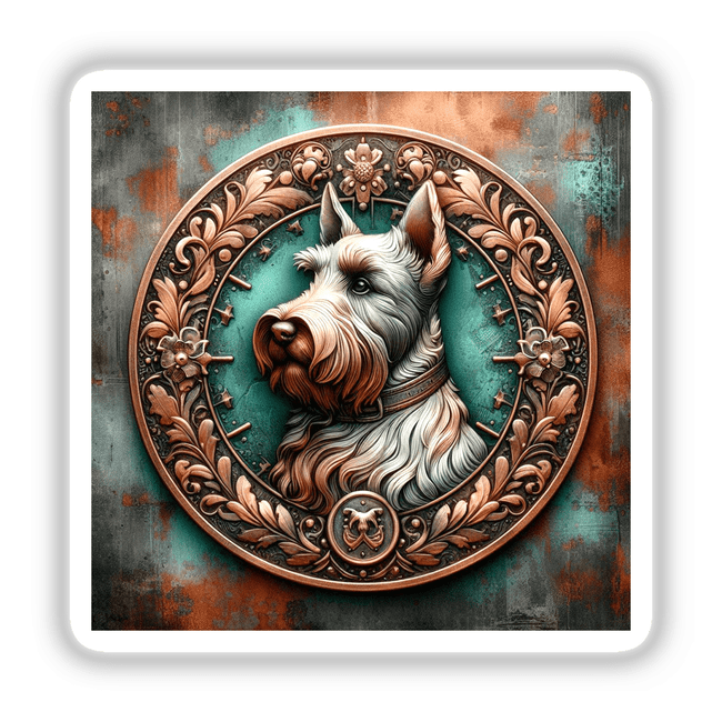 Detailed Scottish Terrier portrait within an ornate copper-toned medallion frame, featuring the dog's expressive face and flowing fur against a moody, textured background.
