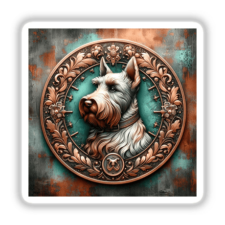 Detailed Scottish Terrier portrait within an ornate copper-toned medallion frame, featuring the dog's expressive face and flowing fur against a moody, textured background.
