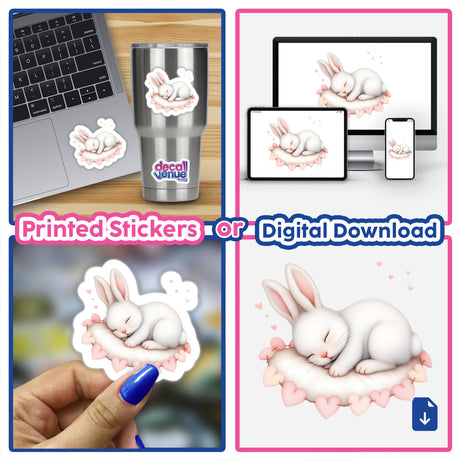 Watercolor Sleeping Baby Bunny with a Heart Garland featured on stickers and digital art, depicting a white bunny peacefully resting, perfect for adding whimsy and calm to any space.