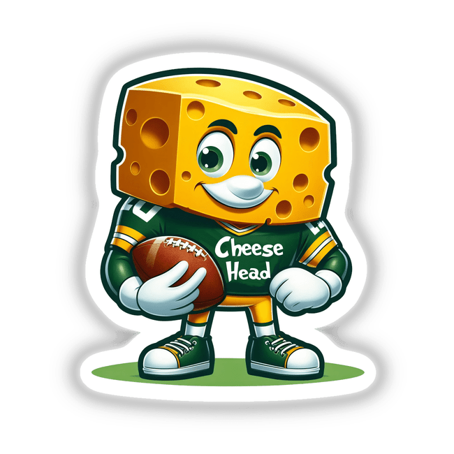 Cartoon cheese mascot titled Cheese Head Football Fan, holding a football, available as stickers or digital artwork from Decal Venue.