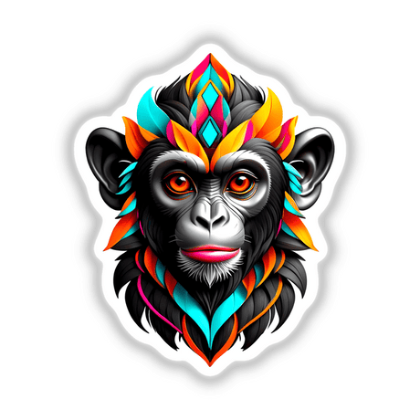 A Cool Monkey King illustration featuring a cartoon monkey with a crown and vibrant feathers, available as stickers or digital artwork.